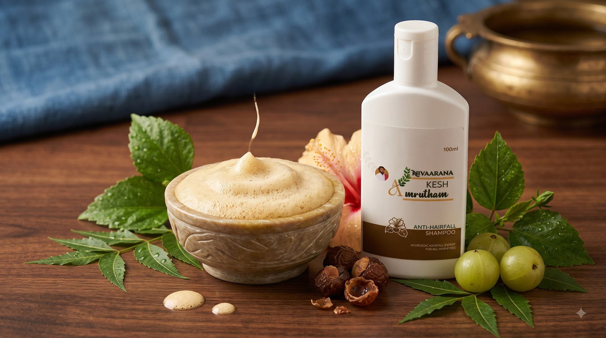 Herbal shampoo lather in a stone bowl with neem, amla and soapnut