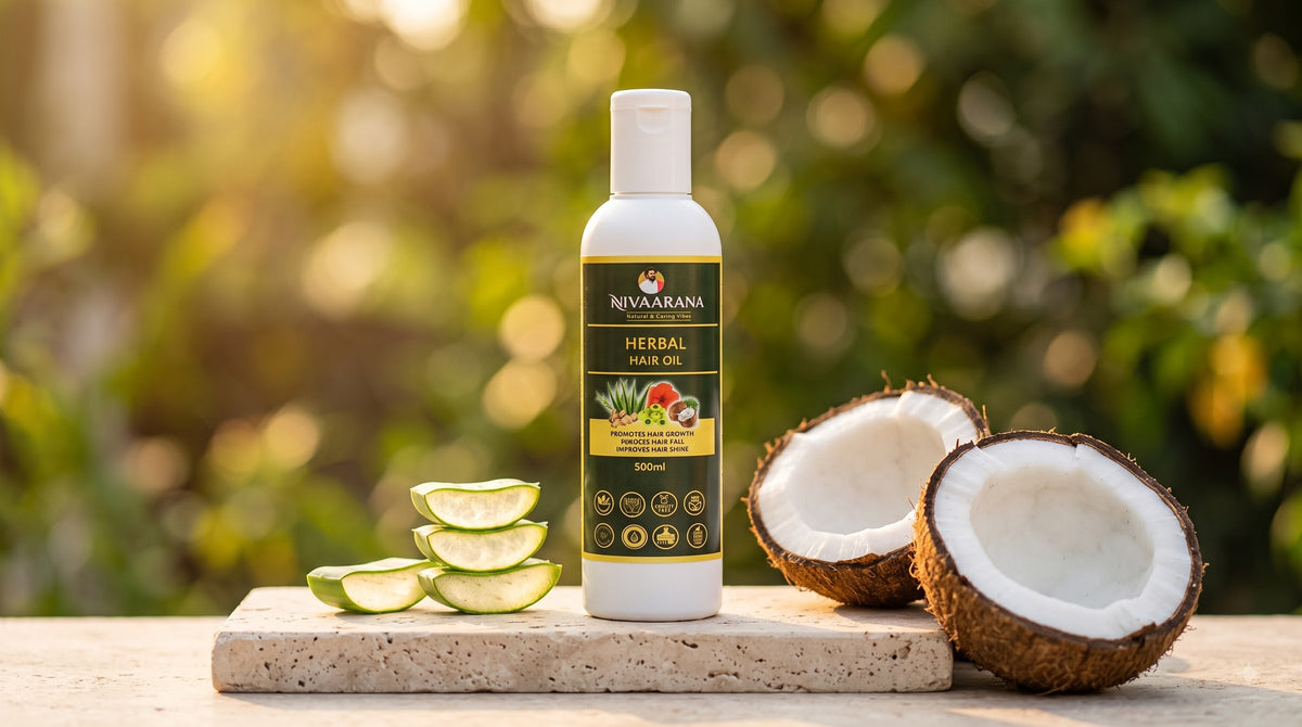 Prashanth's Adivasi herbal hair oil bottle with aloe vera and coconut