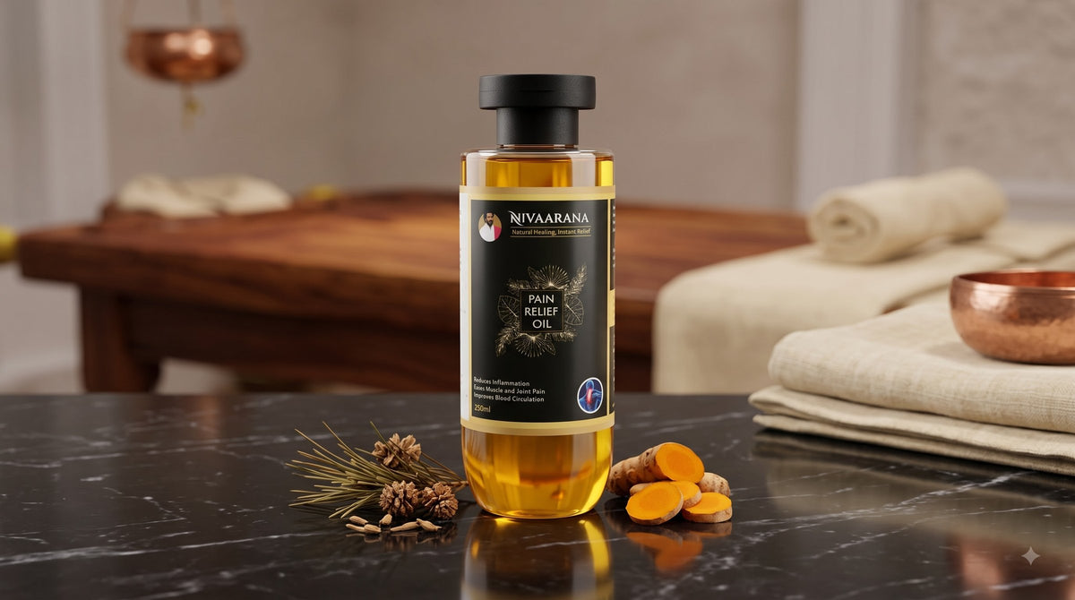 Nivaarana pain relief oil bottle in an Ayurvedic massage room