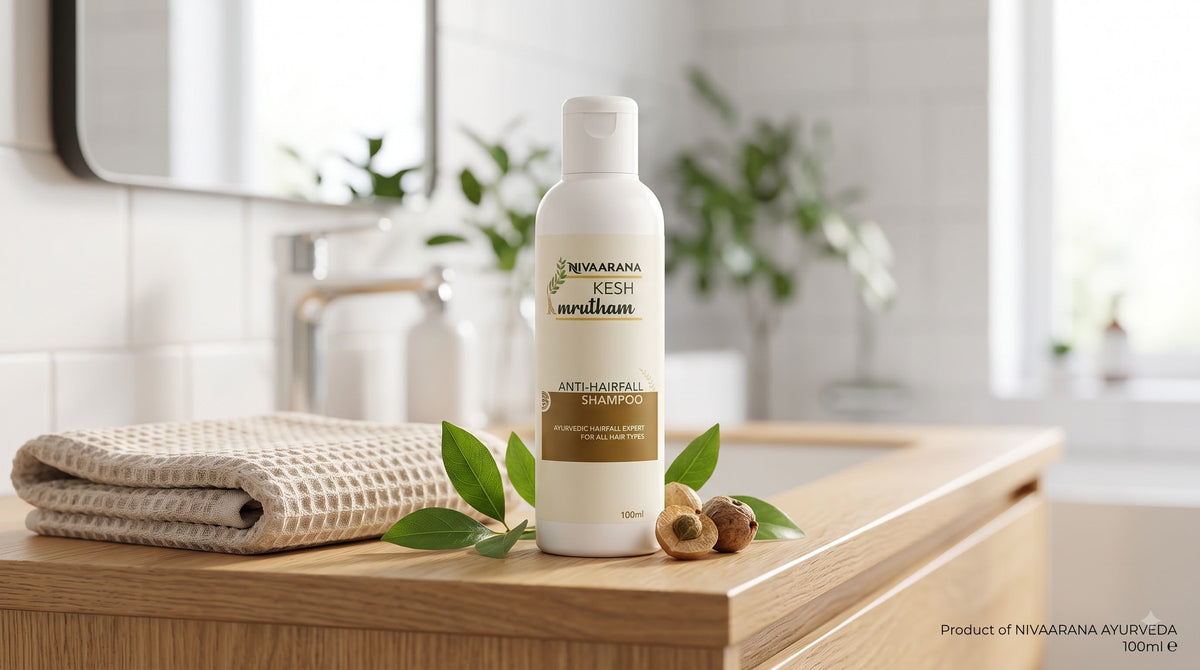 Kesh Amrutham anti-hairfall shampoo on a wooden bathroom counter